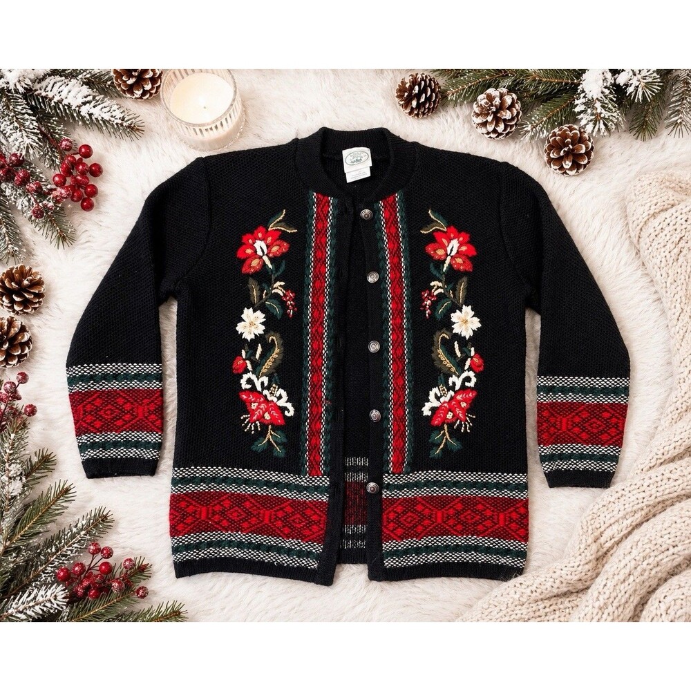 Vtg Laura Ashley Wool Cardigan Sweater Womens Small Christmas Holiday Nordic Gma